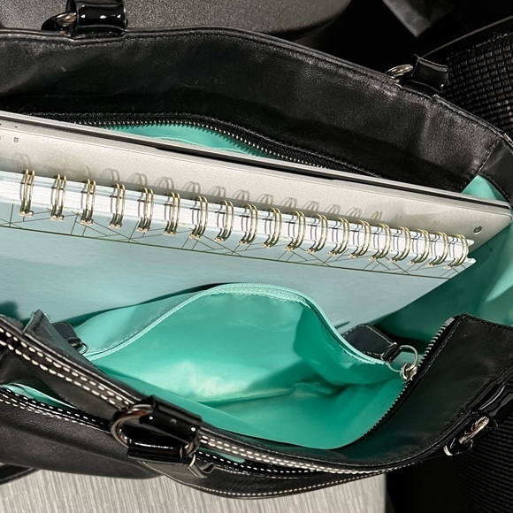 Coach Black Leather and Patent Tote Handbag Laura F14887 Coach Tag Blue Lining - Picture 14 of 16